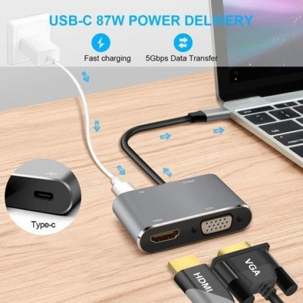 Technow CF02 Macbook Uyumlu Type-C™ To 4K Ultra Hd 1080p Hdmı/ Vga/ Pd Şarj/ USB 3.0 4IN1 Çevirici - 5