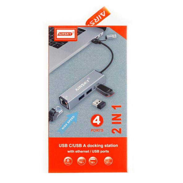 Technow Airsky Type C-USB 3.0 3X Usb 3.0 1x Ethernet Port Çoklayıcı Çevirici - Resim 2