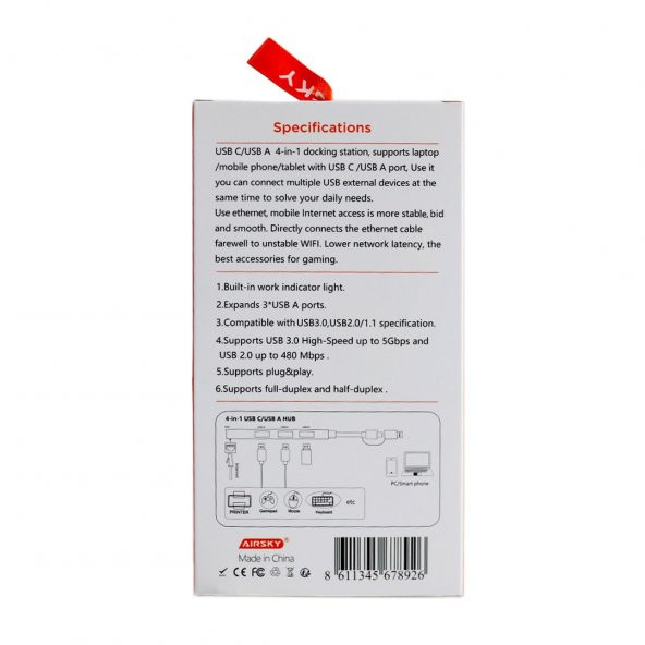 Technow Airsky Type C-USB 3.0 3X Usb 3.0 1x Ethernet Port Çoklayıcı Çevirici - Resim 3