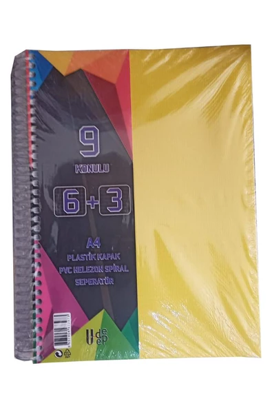 6+3 Ayraçlı Defter 9 Konulu 225 Yaprak 1 Adet 6 Kareli 3 Çizgili Spralli Plastik Kapak Seperatörlü - 6