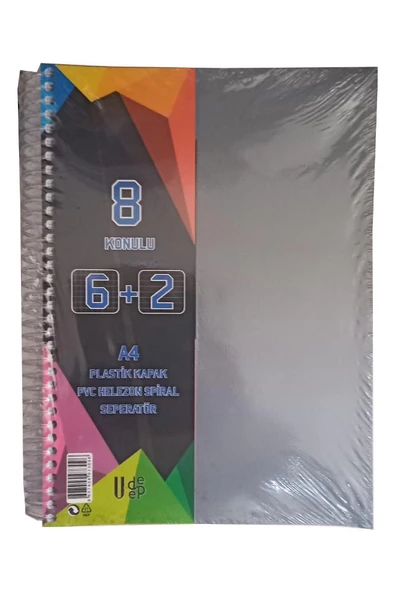 6+2 Ayraçlı Defter 8 Konulu 200 Yaprak 1 Adet 6 Kareli 2 Çizgili Spralli Plastik Kapak Seperatörlü