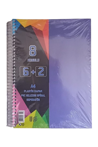 6+2 Ayraçlı Defter 8 Konulu 200 Yaprak 1 Adet 6 Kareli 2 Çizgili Spralli Plastik Kapak Seperatörlü - 4