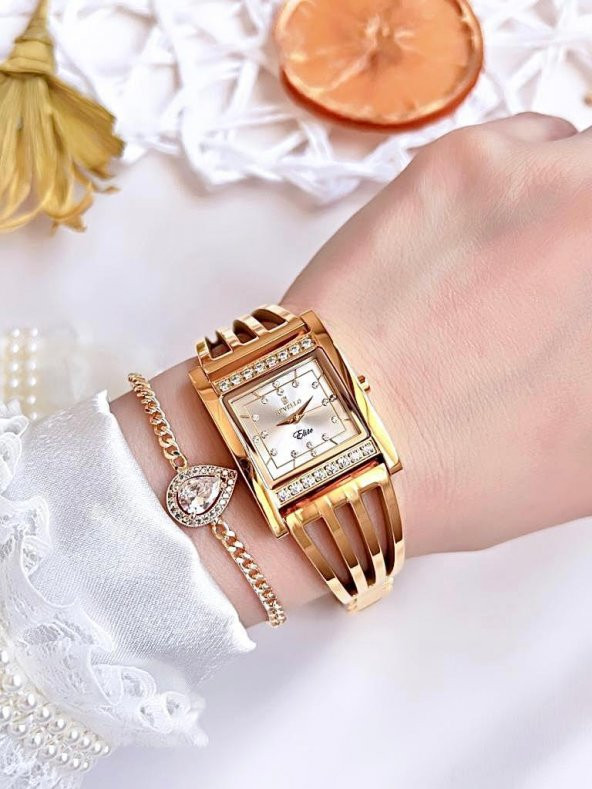 RVL-1847-F Revello Kaburga serisi Altın Kaplama Kararmaz Swarovski Taşlı 3Atm Su Geçirmez+Bileklik - 3