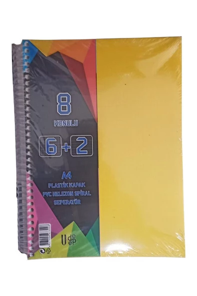 6+2 Ayraçlı Defter 8 Konulu 200 Yaprak 1 Adet 6 Kareli 2 Çizgili Spralli Plastik Kapak Seperatörlü - 6