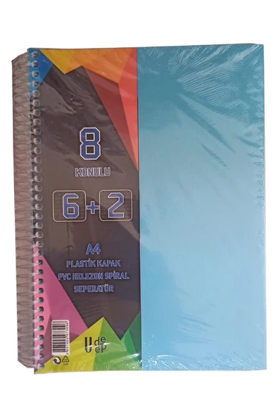 6+2 Ayraçlı Defter 8 Konulu 200 Yaprak 1 Adet 6 Kareli 2 Çizgili Spralli Plastik Kapak Seperatörlü - 3