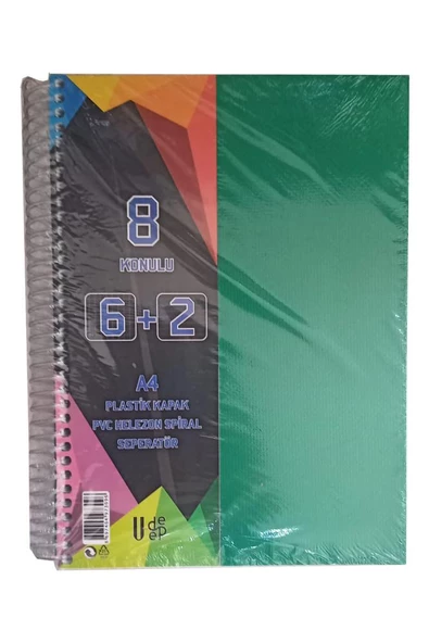6+2 Ayraçlı Defter 8 Konulu 200 Yaprak 1 Adet 6 Kareli 2 Çizgili Spralli Plastik Kapak Seperatörlü - 8