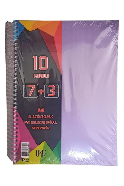 7+3 Ayraçlı Defter 10 Konulu 300 Yaprak 1 Adet 7 Kareli 3 Çizgili Spralli Plastik Kapak Seperatörlü - 3