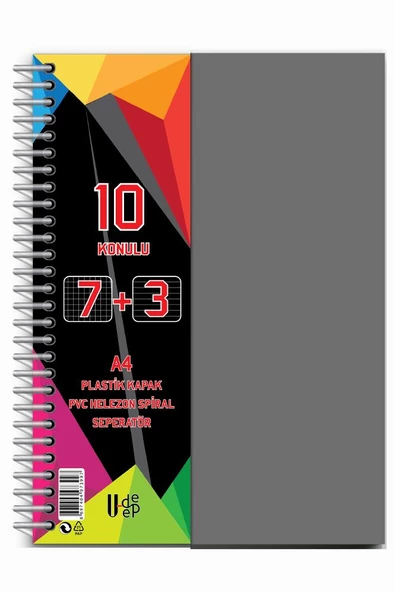 7+3 Ayraçlı Defter 10 Konulu 300 Yaprak 1 Adet 7 Kareli 3 Çizgili Spralli Plastik Kapak Seperatörlü - 8