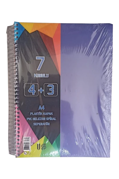 4+3 Ayraçlı Defter 7 Konulu 175 Yaprak 1 Adet 4 Kareli 3 Çizgili Spralli Plastik Kapak Seperatörlü - 4