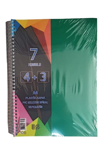 4+3 Ayraçlı Defter 7 Konulu 175 Yaprak 1 Adet 4 Kareli 3 Çizgili Spralli Plastik Kapak Seperatörlü - 7