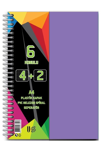 4+2 Ayraçlı Defter 6 Konulu 150 Yaprak 1 Adet 4 Kareli 2 Çizgili Spralli Plastik Kapak Seperatörlü - 8