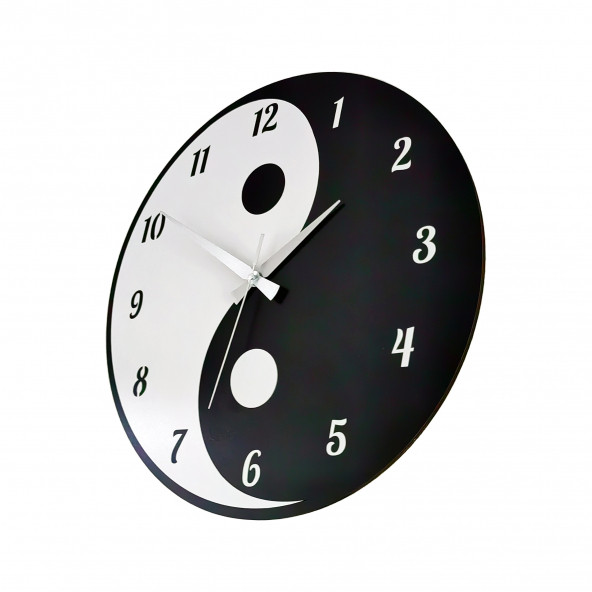 Dekoratif Siyah-Beyaz Ahşap Duvar Saati Yin Yang Denge Sembolü - 5