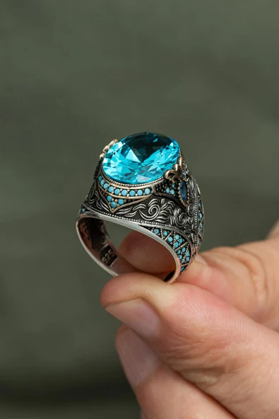 Oval Aqua Mavi Taşlı 925 Gümüş Erkek Yüzük - Resim 4