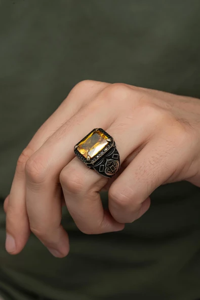 Sitrin Taşlı Dikdörgen 925 Gümüş Erkek Yüzük - Resim 5