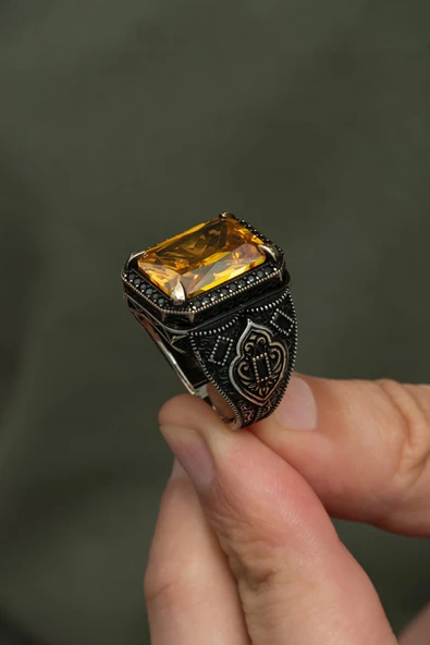 Sitrin Taşlı Dikdörgen 925 Gümüş Erkek Yüzük - Resim 7