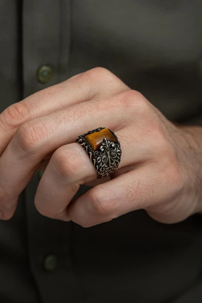 Kaplan Gözü Taşlı Oyma Desenli 925 Gümüş Erkek Yüzük - Resim 3