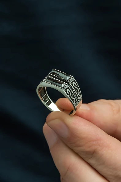 2 Sıra Siyah Baget Taşlı 925 Gümüş Erkek Yüzük - Resim 7