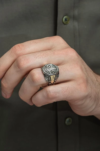 Tuğra Desenli Taşsız Harfli Çizgili 925 Gümüş Erkek Yüzük - Resim 3