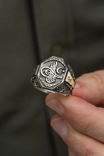 Tuğra Desenli Taşsız Harfli Çizgili 925 Gümüş Erkek Yüzük - Resim 6