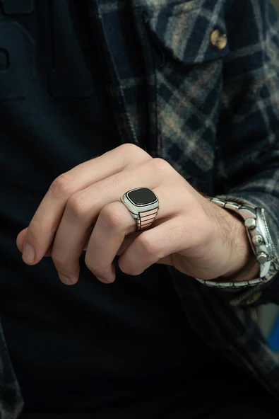 Siyah Oniks Taşlı Çizgili 925 Gümüş Erkek Yüzük - Resim 3