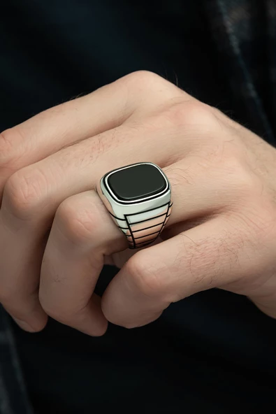 Siyah Oniks Taşlı Çizgili 925 Gümüş Erkek Yüzük ürün görseli