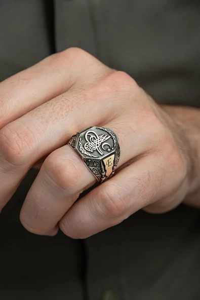 Tuğra Desenli Taşsız Harfli Çizgili 925 Gümüş Erkek Yüzük - Resim 4