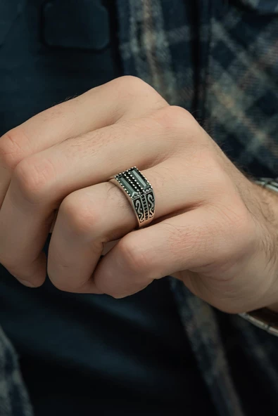 2 Sıra Siyah Baget Taşlı 925 Gümüş Erkek Yüzük ürün görseli