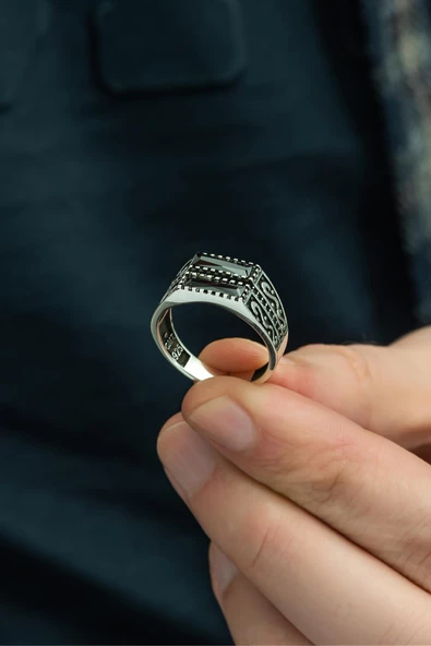 2 Sıra Siyah Baget Taşlı 925 Gümüş Erkek Yüzük - Resim 6