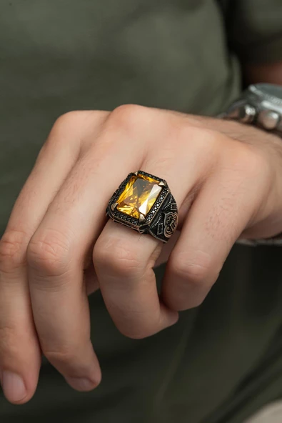 Sitrin Taşlı Dikdörgen 925 Gümüş Erkek Yüzük - Resim 4