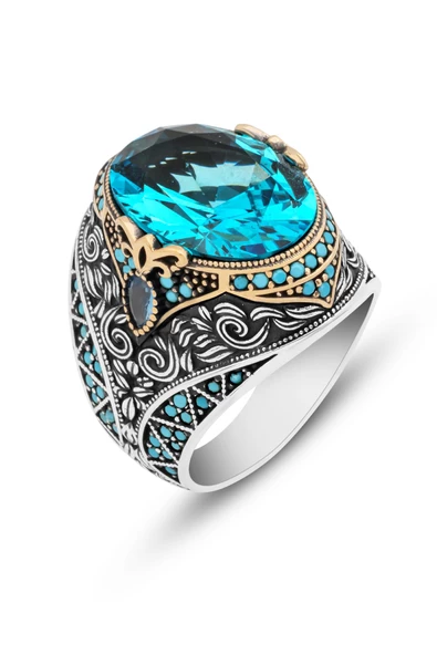 Oval Aqua Mavi Taşlı 925 Gümüş Erkek Yüzük - Resim 2