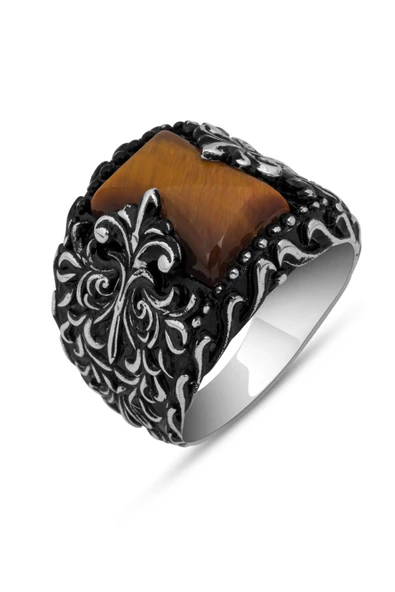 Kaplan Gözü Taşlı Oyma Desenli 925 Gümüş Erkek Yüzük - Resim 2