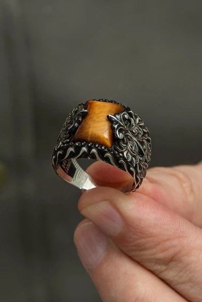 Kaplan Gözü Taşlı Oyma Desenli 925 Gümüş Erkek Yüzük - Resim 8