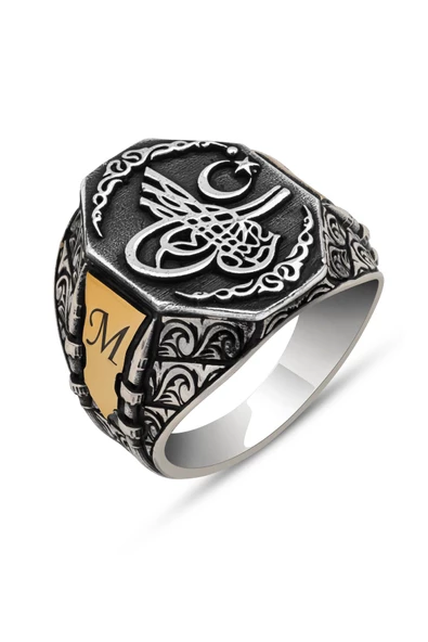 Tuğra Desenli Taşsız Harfli Çizgili 925 Gümüş Erkek Yüzük - Resim 2