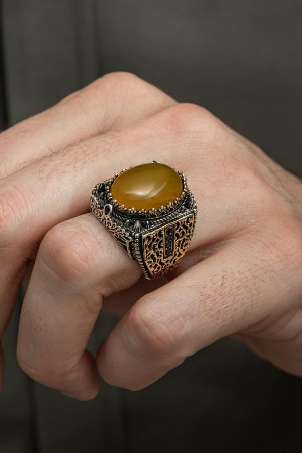 Sarı Akik Taşlı 925 Gümüş Erkek Yüzük ürün görseli