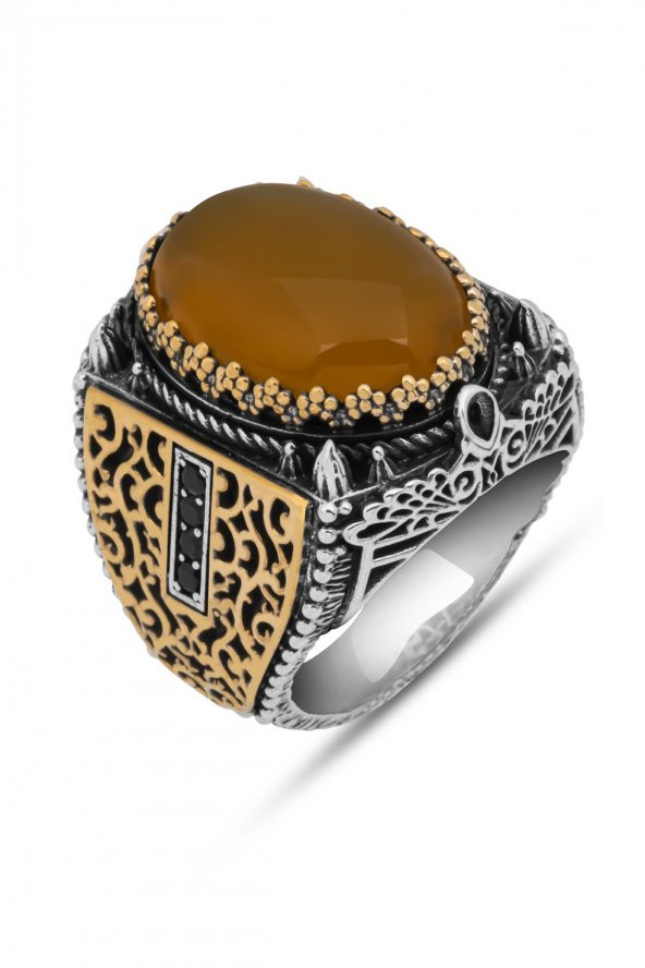 Sarı Akik Taşlı 925 Gümüş Erkek Yüzük - Resim 2