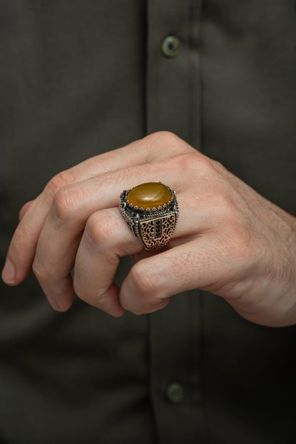 Sarı Akik Taşlı 925 Gümüş Erkek Yüzük - Resim 4