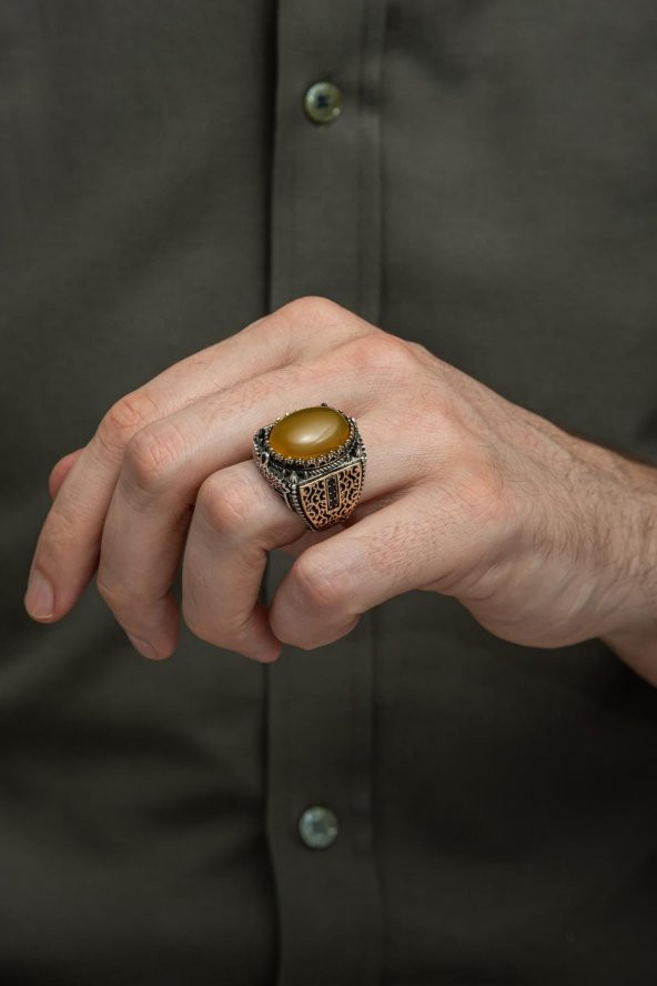 Sarı Akik Taşlı 925 Gümüş Erkek Yüzük - Resim 5