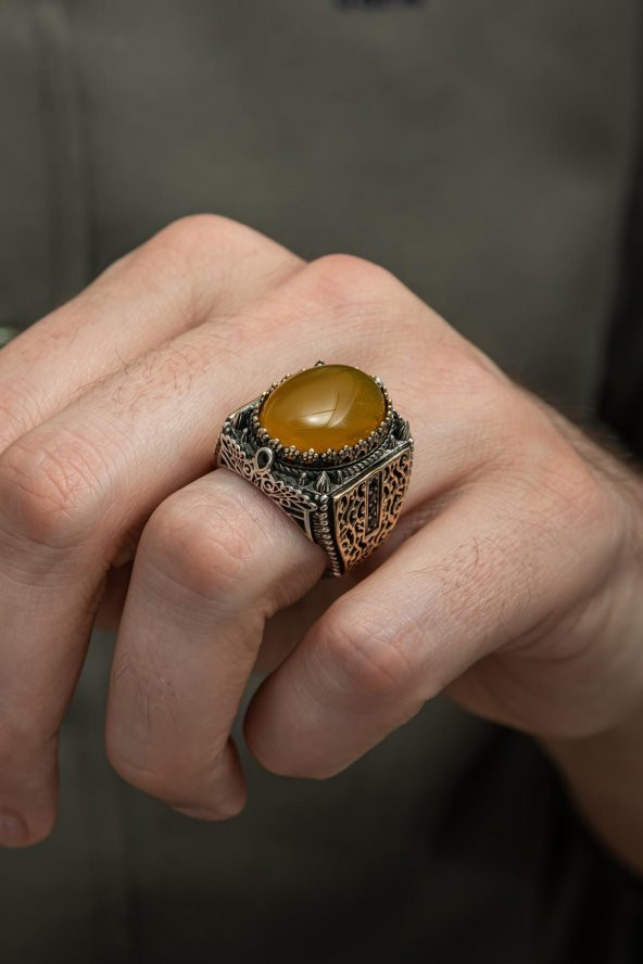 Sarı Akik Taşlı 925 Gümüş Erkek Yüzük - Resim 6