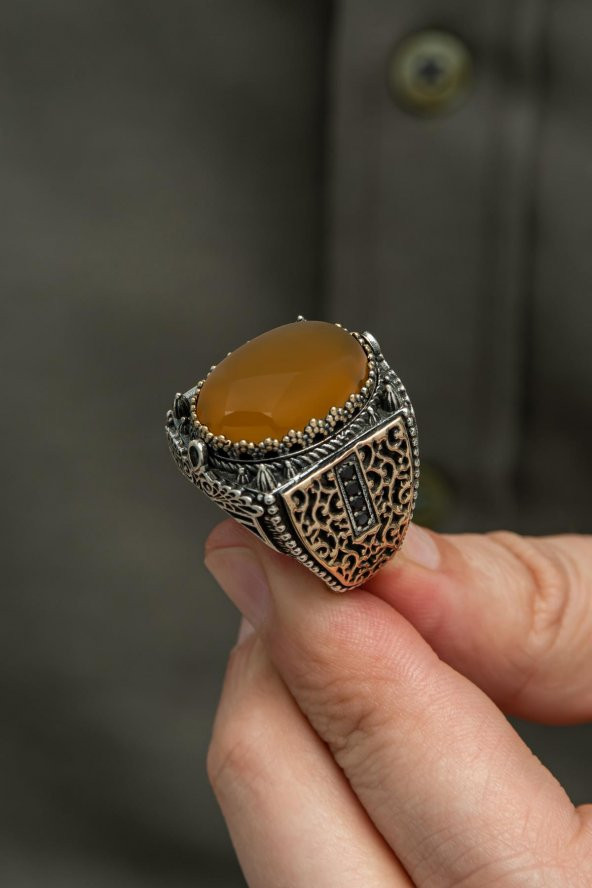 Sarı Akik Taşlı 925 Gümüş Erkek Yüzük - Resim 7