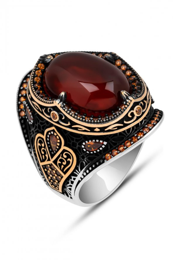Oval Akik Taşlı 925 Gümüş Erkek Yüzük - 2