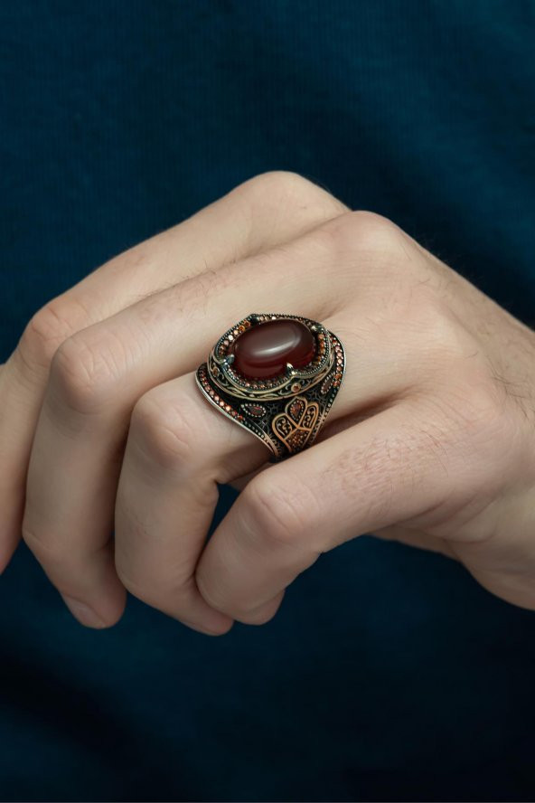 Oval Akik Taşlı 925 Gümüş Erkek Yüzük - 3