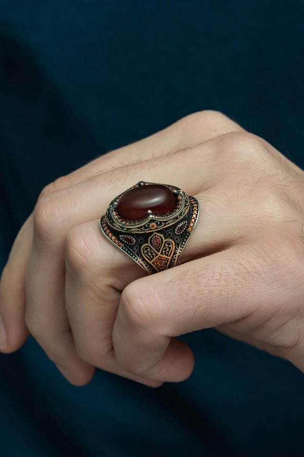 Oval Akik Taşlı 925 Gümüş Erkek Yüzük - 6