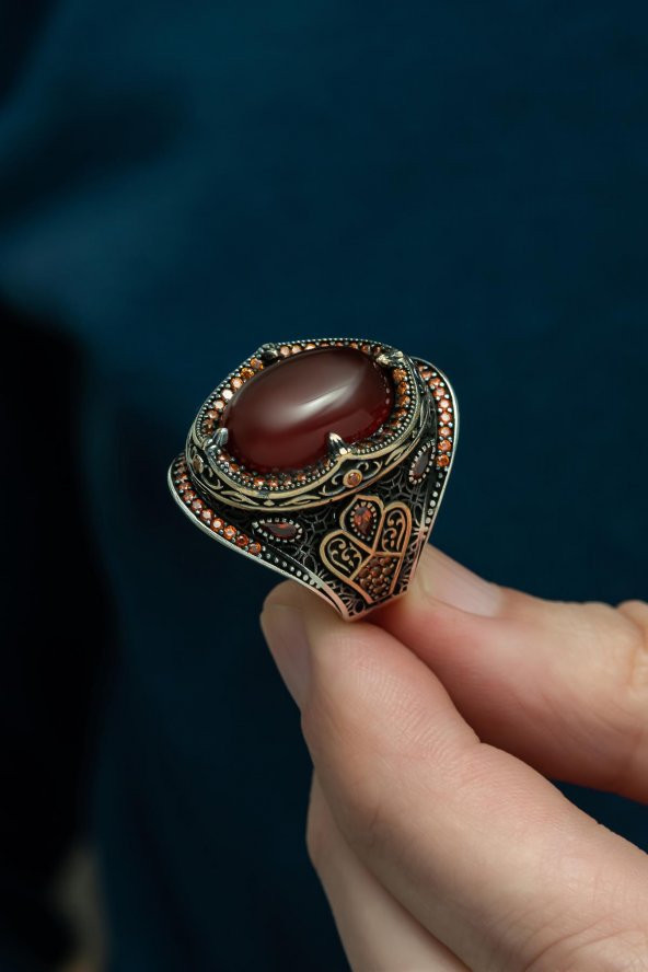 Oval Akik Taşlı 925 Gümüş Erkek Yüzük - 7
