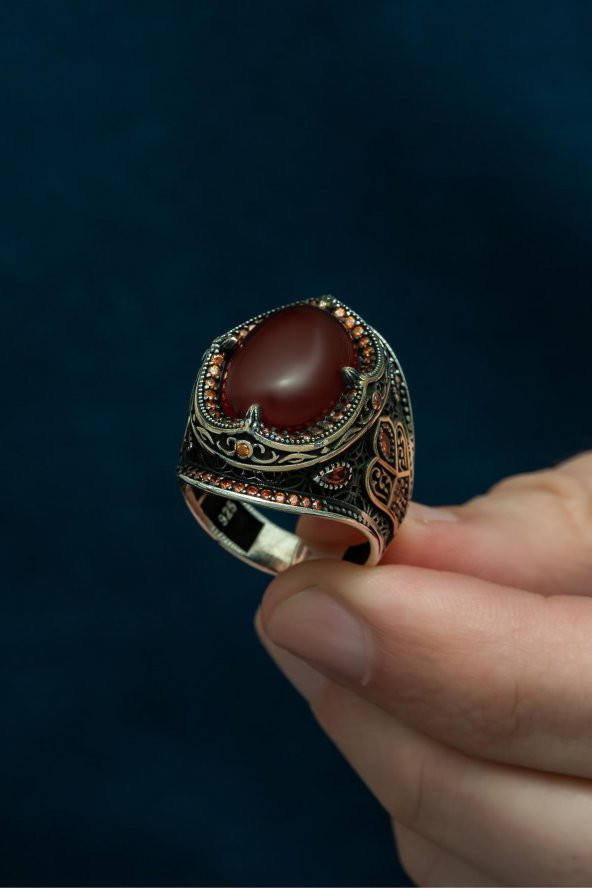 Oval Akik Taşlı 925 Gümüş Erkek Yüzük - 8