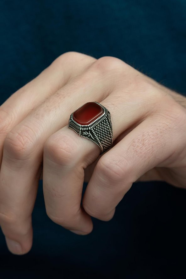 Akik Taşlı Hasır Model 925 Gümüş Erkek Yüzük ürün görseli