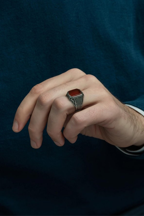 Akik Taşlı Hasır Model 925 Gümüş Erkek Yüzük - Resim 3