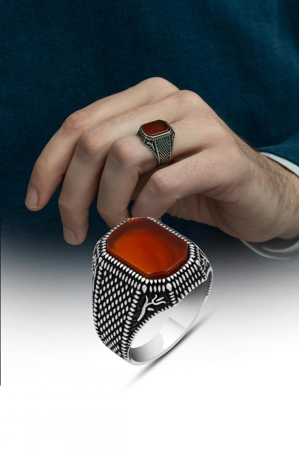 Akik Taşlı Hasır Model 925 Gümüş Erkek Yüzük - Resim 4