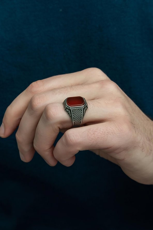 Akik Taşlı Hasır Model 925 Gümüş Erkek Yüzük - Resim 5