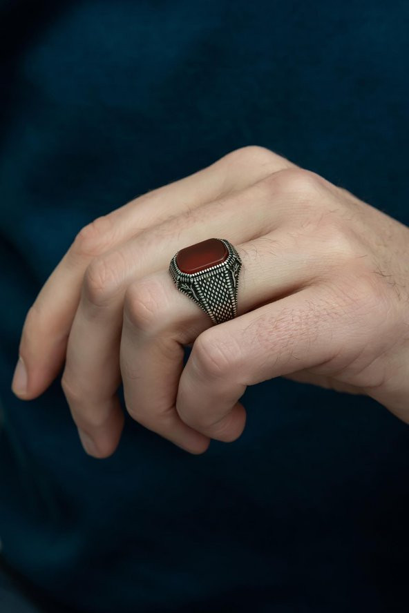 Akik Taşlı Hasır Model 925 Gümüş Erkek Yüzük - Resim 6