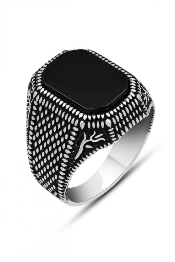 Siyah Oniks Taşlı Hasır Model 925 Gümüş Erkek Yüzük - Resim 2